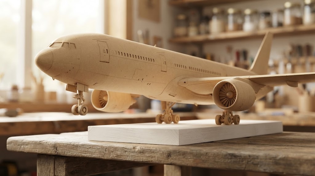 Finished paper folder jumbo jet scale model made of tan manila paper on a display stand