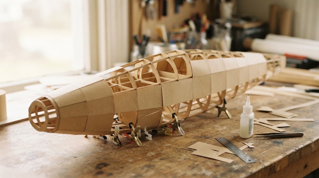 Unfinished paper airplane body built from thin manila paper ring frames on a workbench