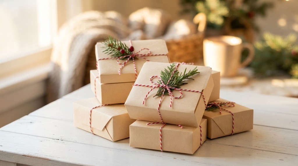 Small handmade gift boxes folded from manila file folders tied with baker twine
