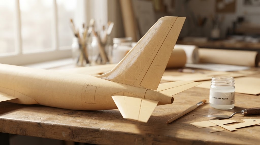 Tail of a manila paper airplane model with a subtle clear gloss pattern and a brush