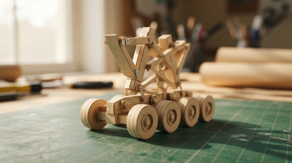 Detailed model airplane main landing gear with paper wheels made from manila folder card