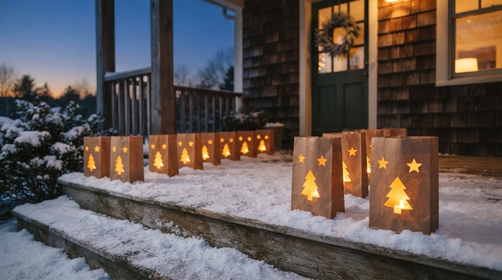 Row of brown kraft paper bag luminaries with cut out stars glowing with LED tea lights