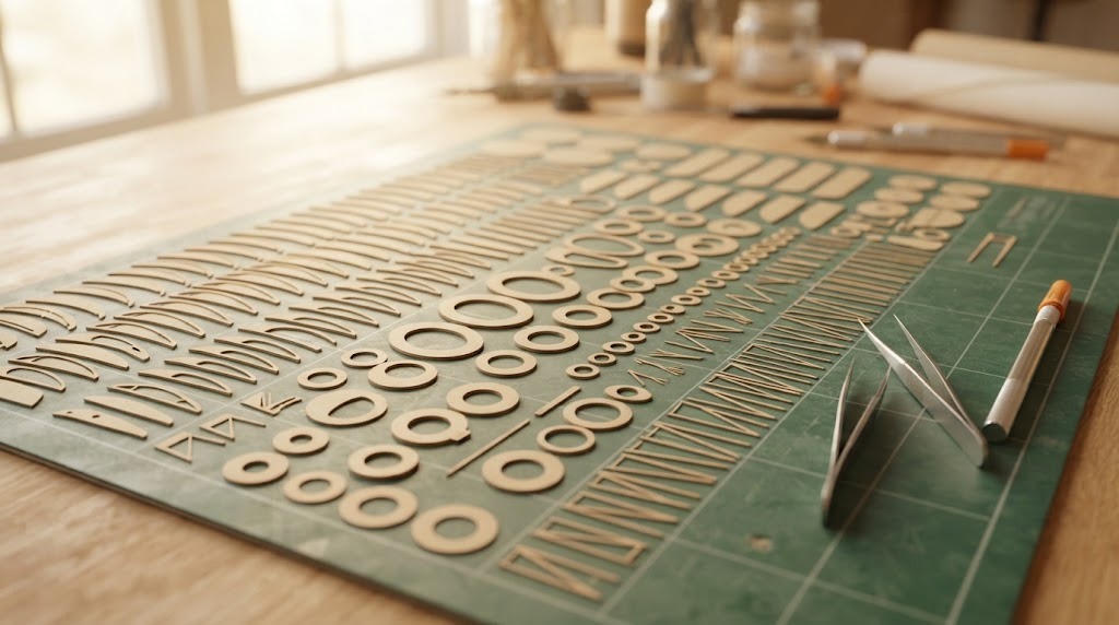 Dozens of tiny cut manila paper airplane parts laid out on a cutting mat with tweezers
