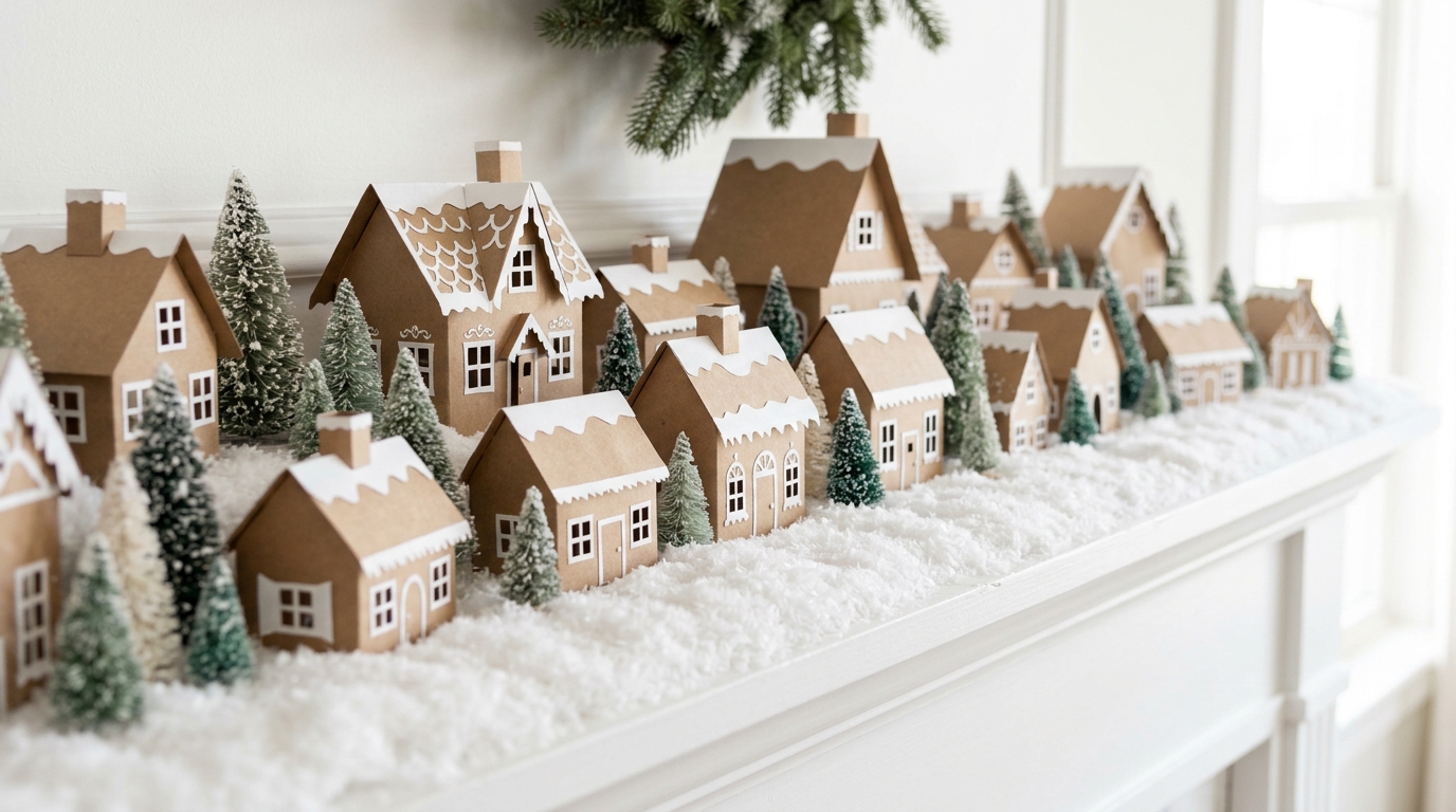Kraft paper gingerbread village with tiny trees on a white shelf