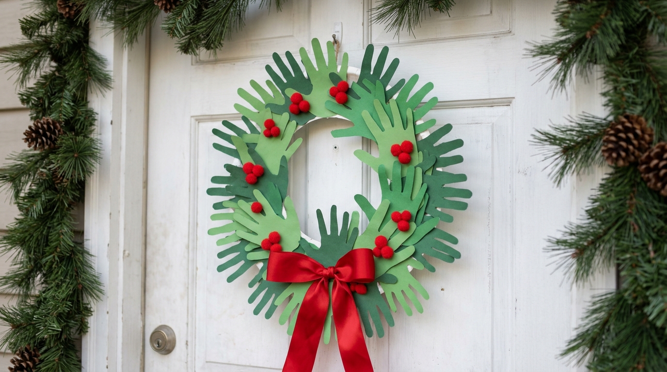 Paper handprint Christmas wreath with red berries and a red bow on a white door