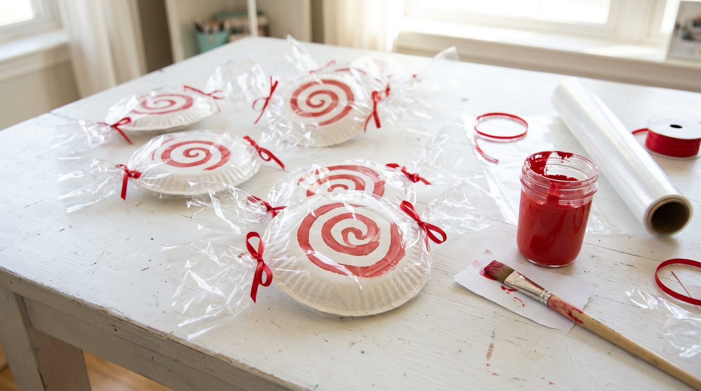 Paper plates painted like peppermint candies wrapped in clear cellophane