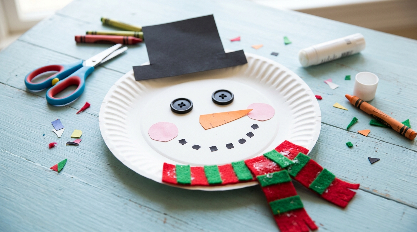 Paper plate snowman face with button eyes, orange nose, felt scarf and black hat