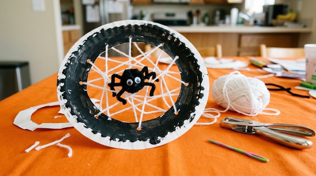 Paper plate yarn spider web with a black pom pom spider