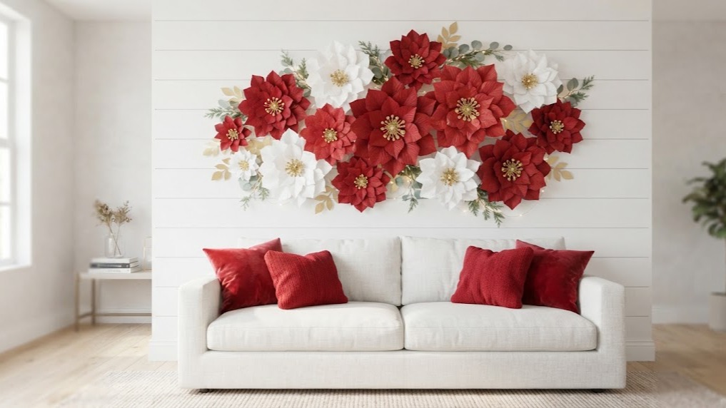 Large red and white paper poinsettia flowers grouped on a white wall above a sofa