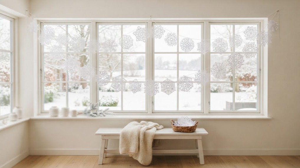 A garland of large handmade white paper snowflakes hanging across a bright window