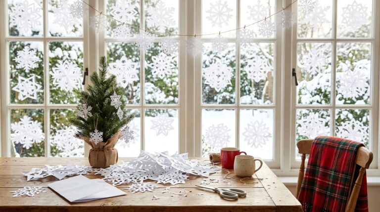 Paper snowflake ideas: big white cut paper snowflakes on a sunny window with a snowflake garland and a small tree