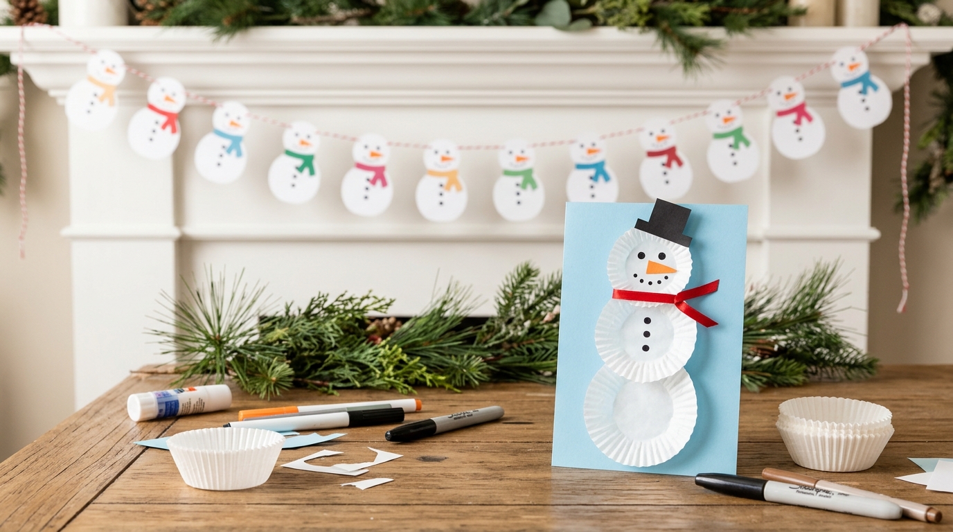 A garland of small paper snowmen with colorful scarves strung across a mantel