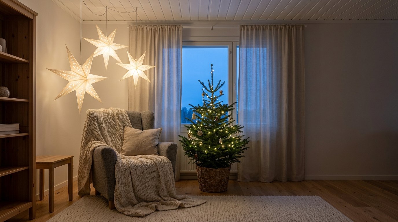 Three white paper star lanterns glowing above an armchair with a knit throw