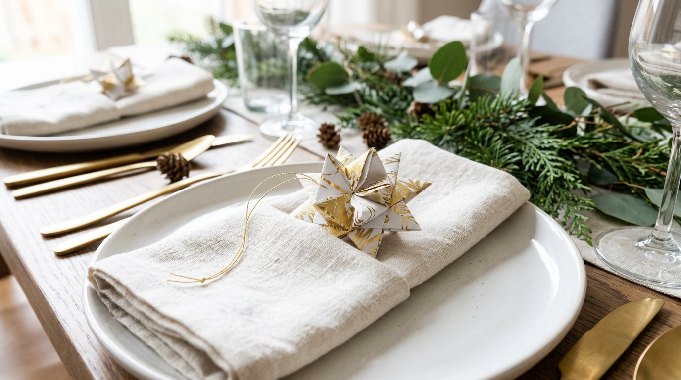 Folded white and gold paper star ornament tucked into a linen napkin on a dinner plate