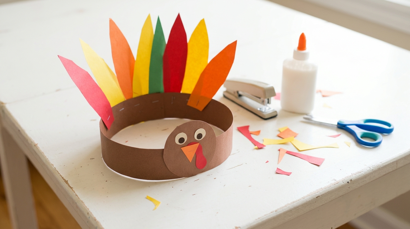 Paper turkey headband with tall colorful feathers lying on a white table