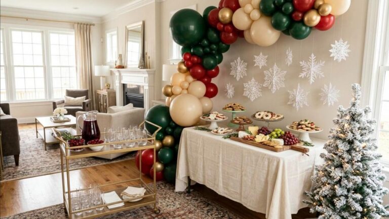 Christmas party decorations balloon garland in red, green, cream and gold over a party table