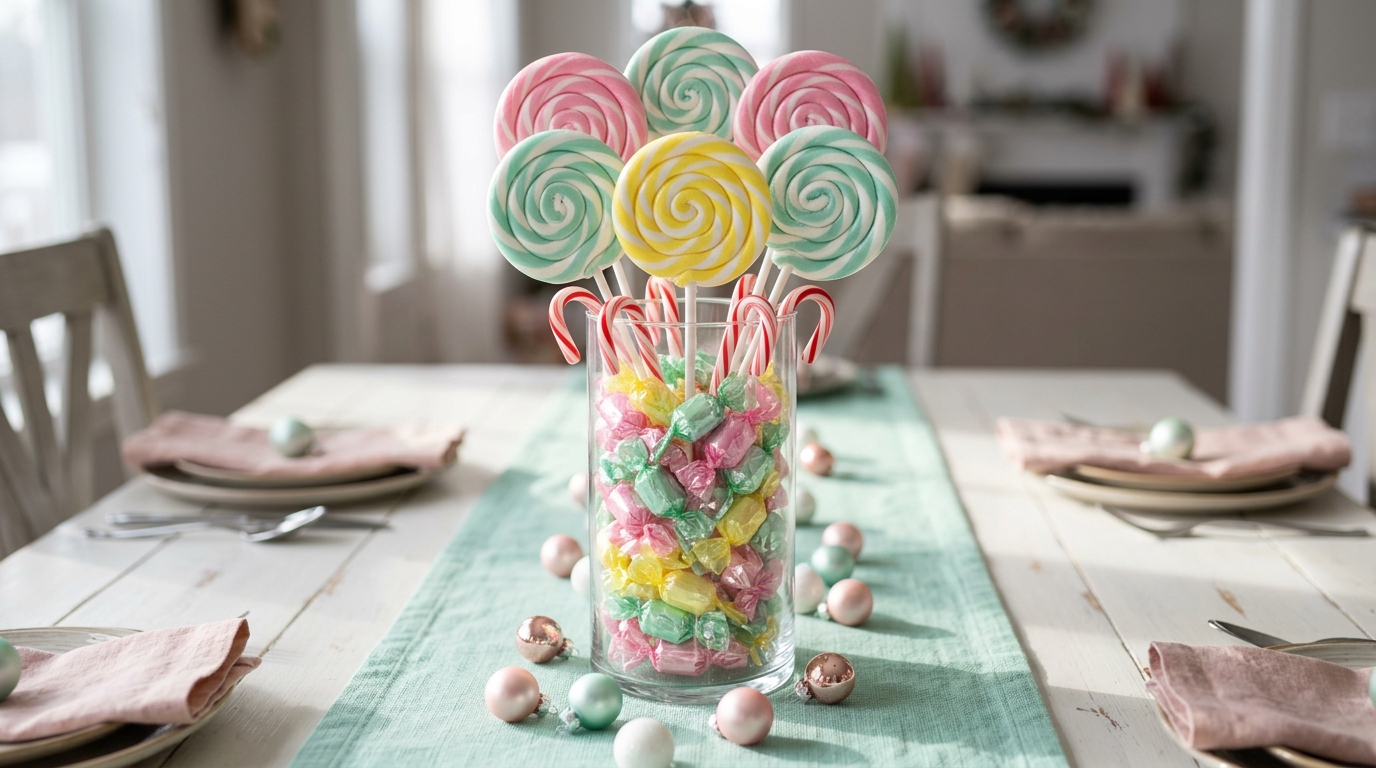 Glass vase filled with faux candies and lollipops on a pastel holiday table