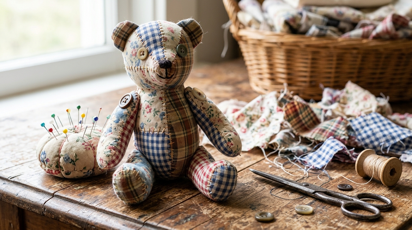 Teddy Roosevelt Teddy Bear craft: a patchwork bear sewn from floral, gingham and plaid scraps