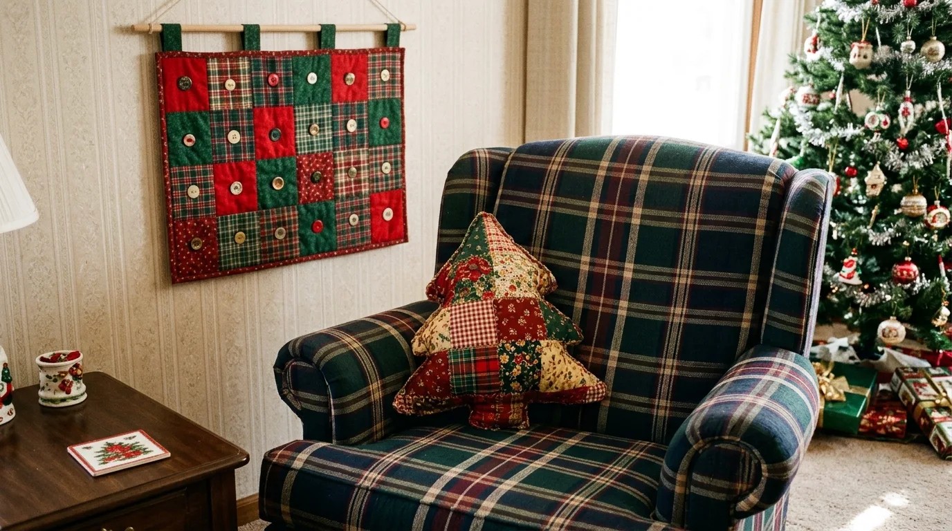 90s Christmas decor patchwork tree pillow and wall hanging on a plaid chair