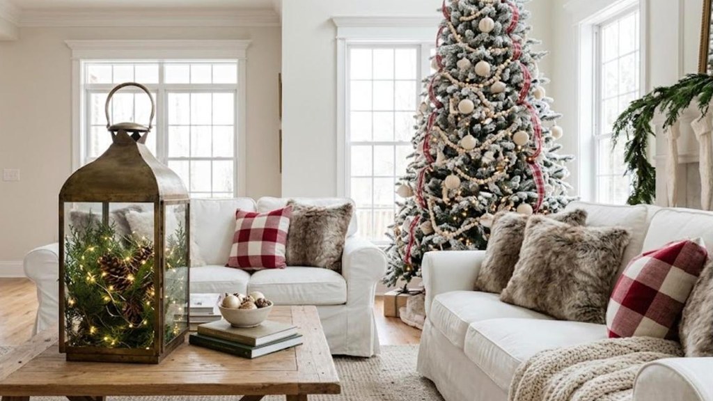 Pottery Barn Christmas Dupes brass lantern filled with cedar and fairy lights on a coffee table