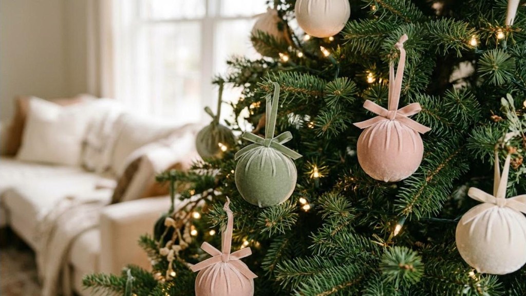 Pottery Barn Christmas Dupes velvet ornaments in sage, blush and cream on a tree