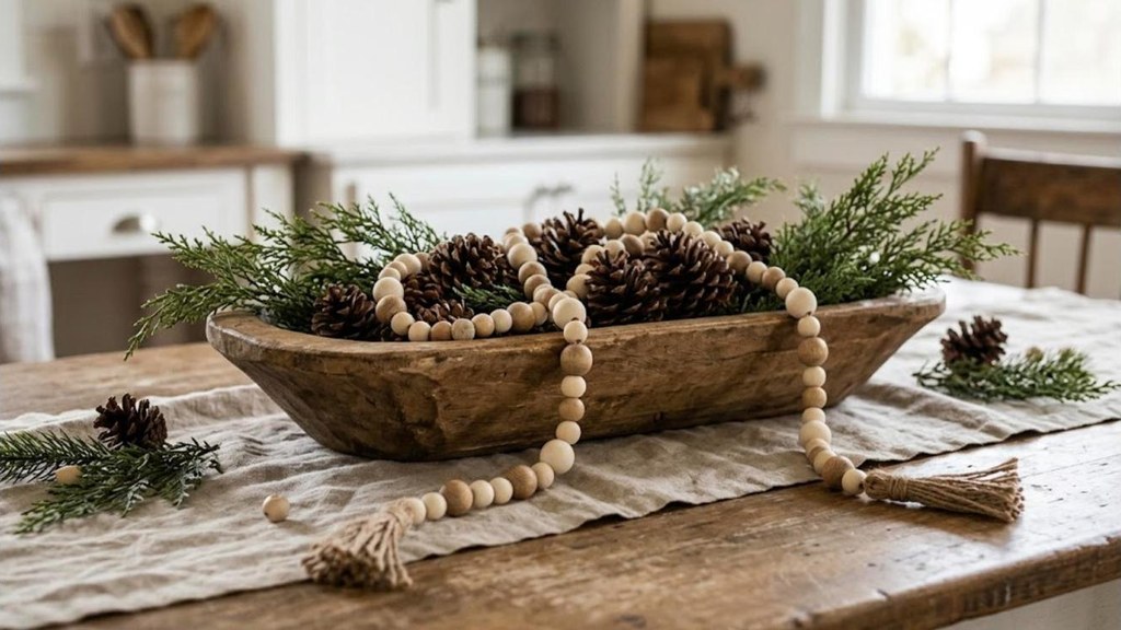 Pottery Barn Christmas Dupes wood bead garland with jute tassels draped over a dough bowl