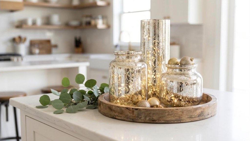 Three speckled silver mercury glass jars on a wood tray with fairy lights