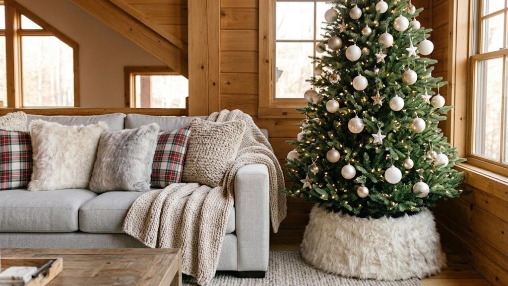 Christmas tree in an ivory faux fur tree collar next to faux fur pillows on a sofa