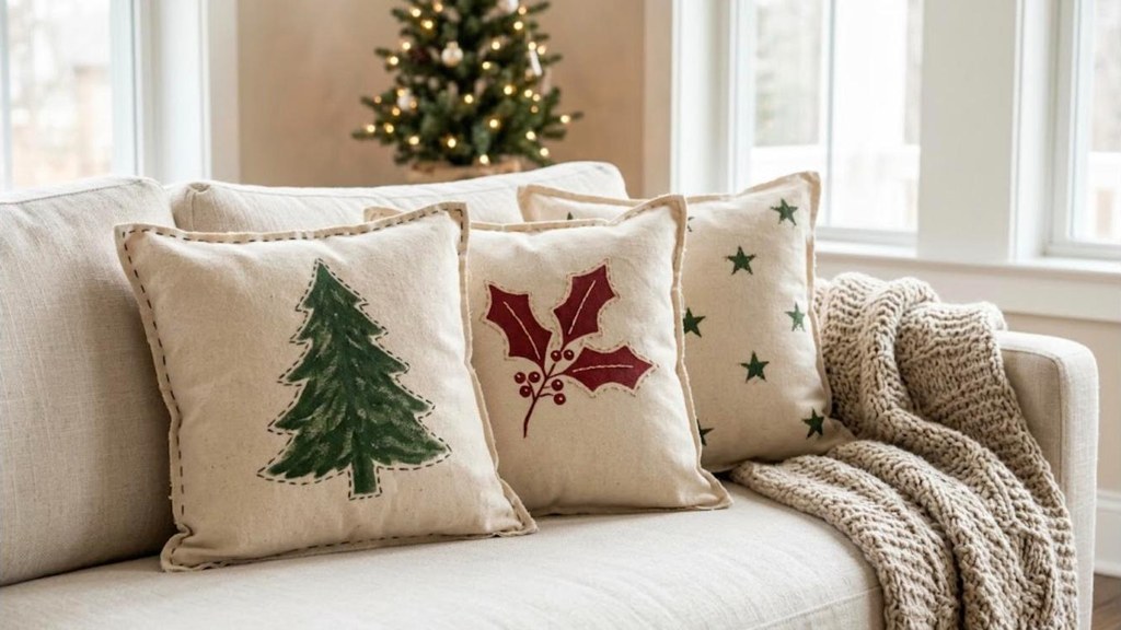 Cream canvas pillows with a painted holly sprig and pine tree on a sofa
