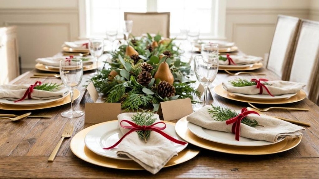 Pottery Barn Christmas Dupes gold charger plates with white plates and linen napkins on a holiday table