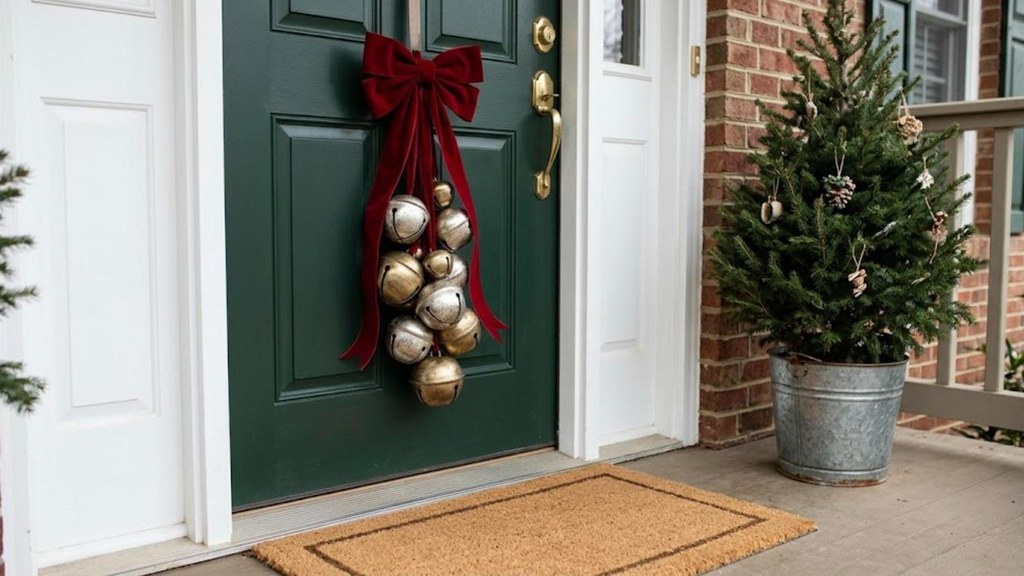 Cluster of antique silver jingle bells on a red velvet ribbon hanging on a front door