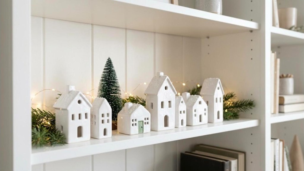 Pottery Barn Christmas Dupes white glossy village houses with faux snow on a bookshelf