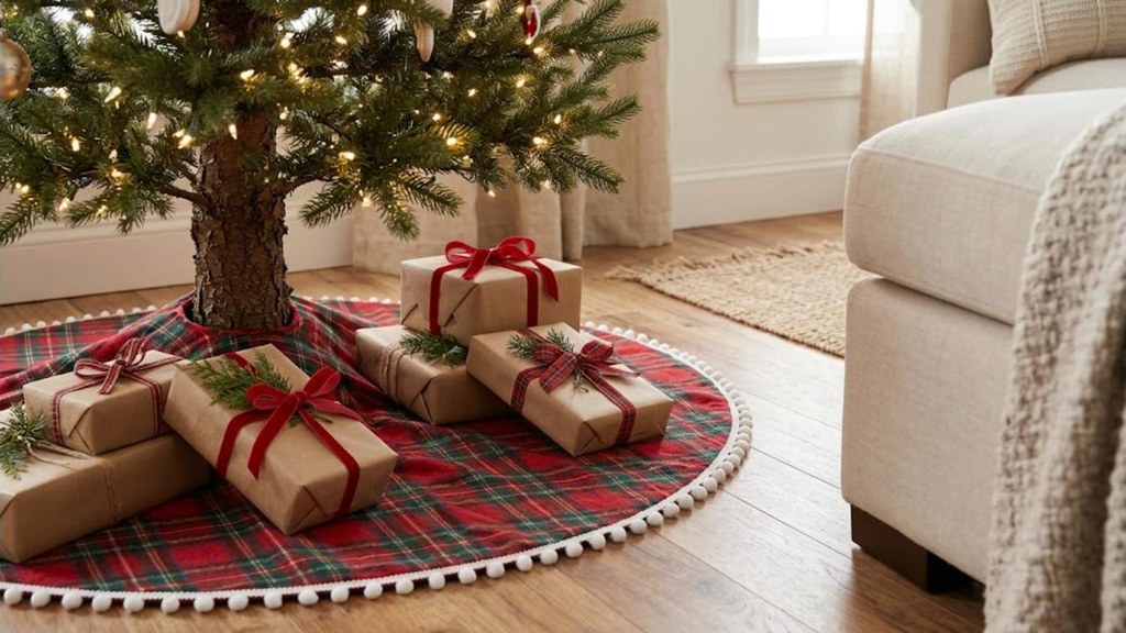 Red plaid tree skirt with white pom pom trim under a decorated Christmas tree