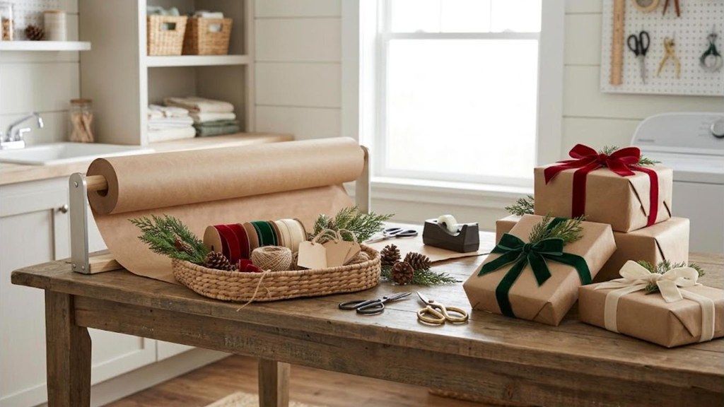Pottery Barn Christmas Dupes gift wrap station with kraft paper, velvet ribbon and greenery