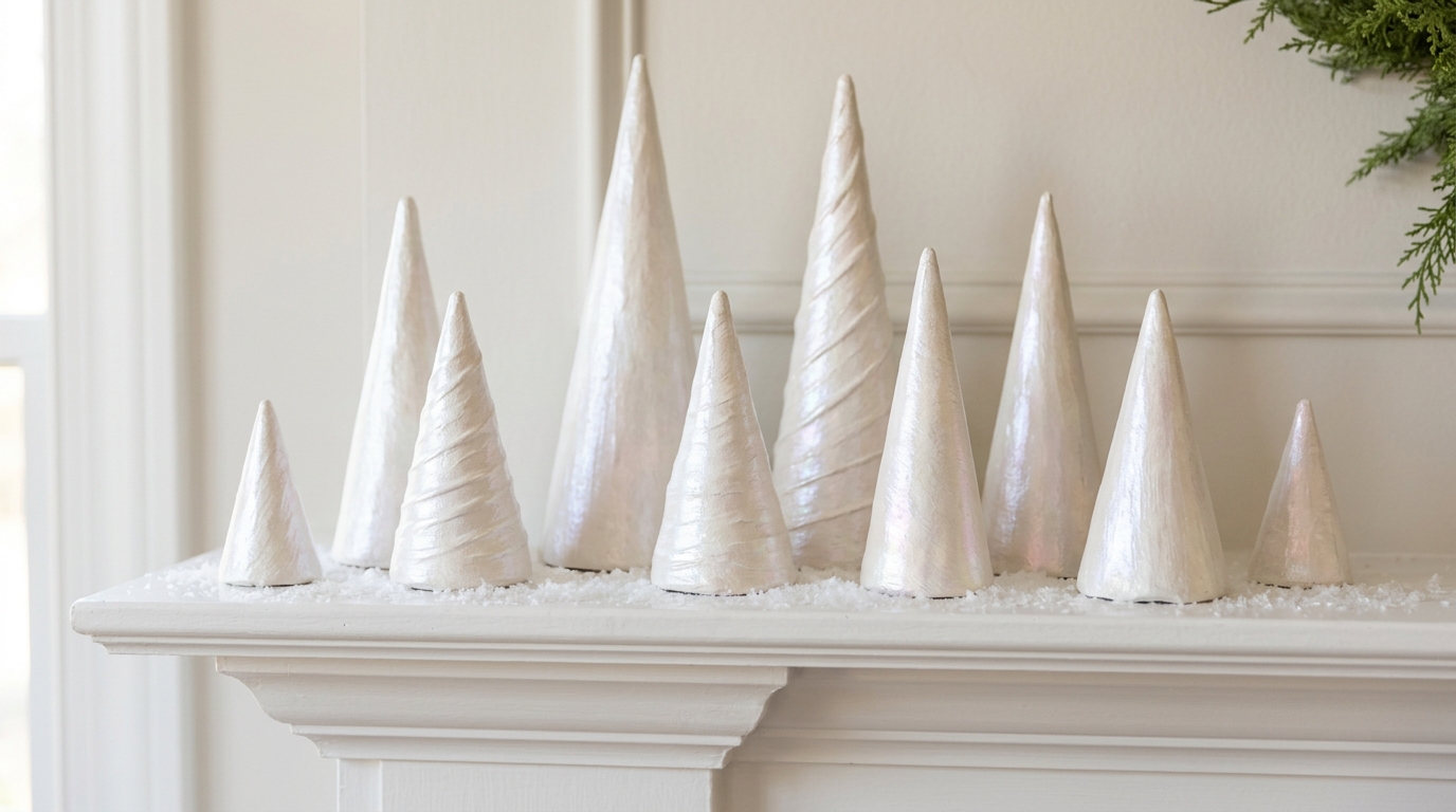 Pearl painted cone trees in different heights on a white mantel