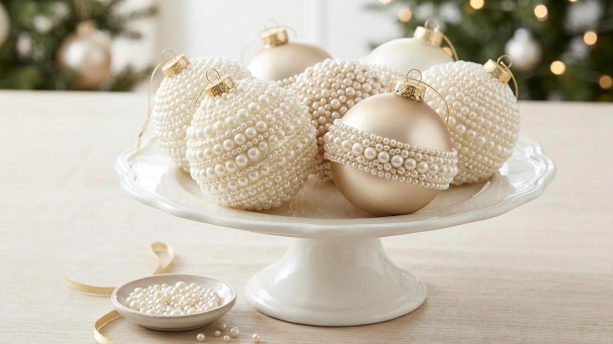 Ivory and champagne ornaments covered in tiny faux pearls on a white cake stand