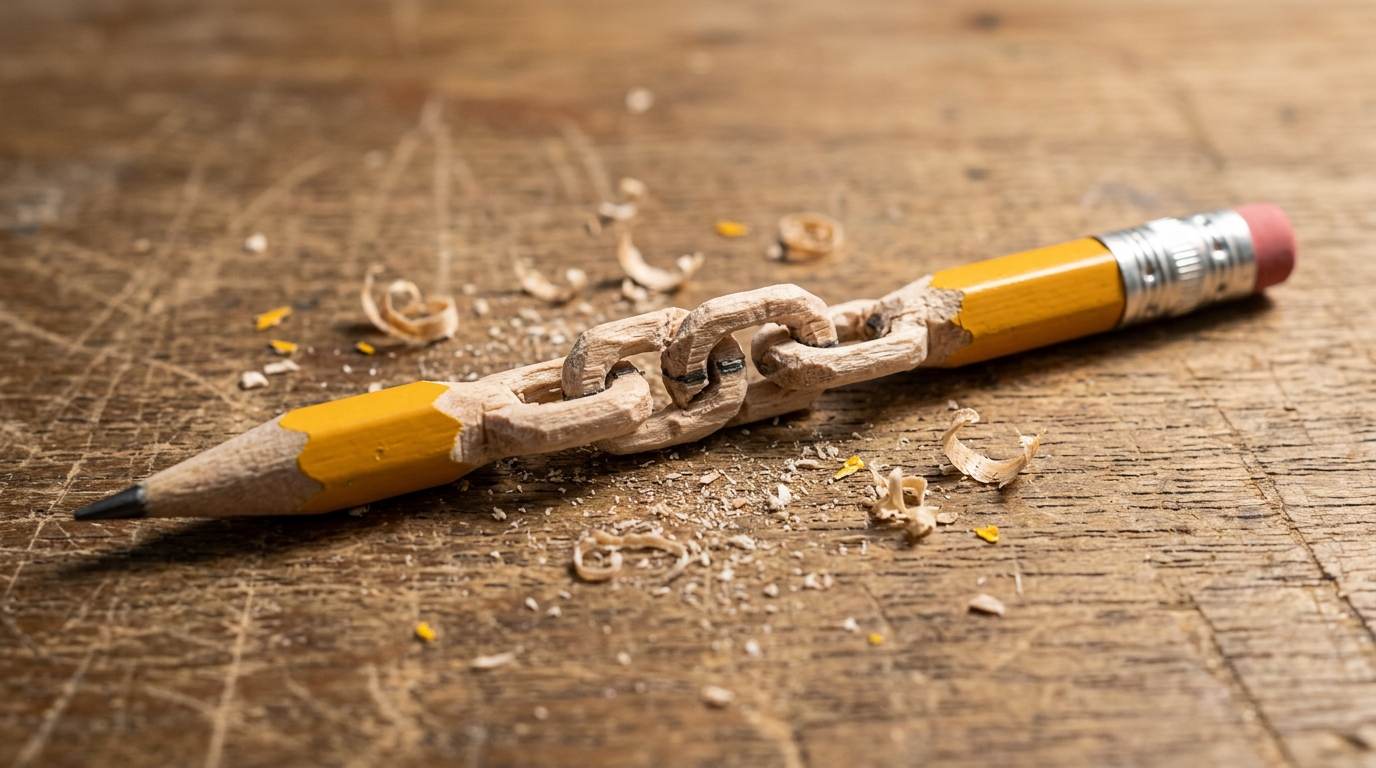 Yellow pencil with a small wooden chain carved in the middle