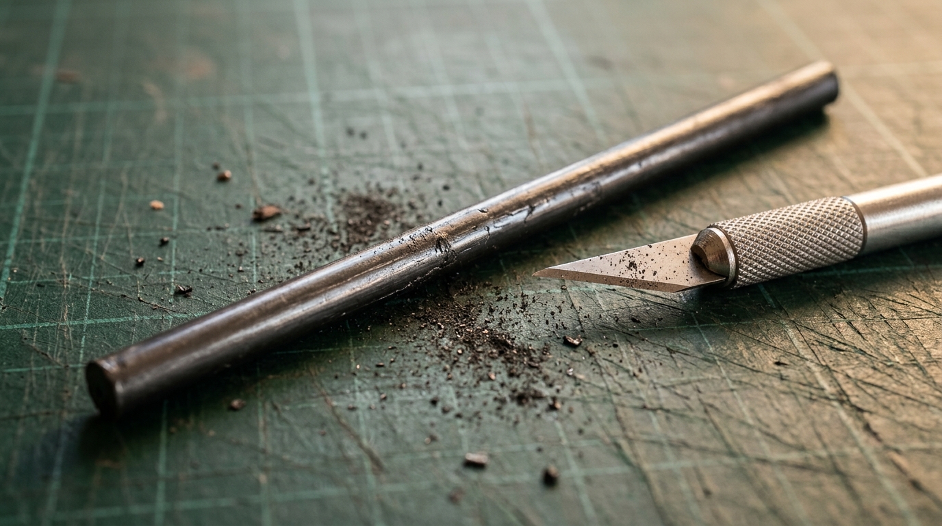 Exposed graphite core of a pencil next to a craft knife
