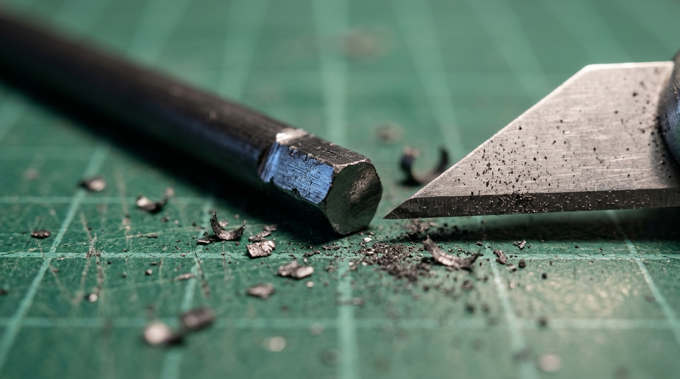 Craft knife carving a tiny hexagon shape into pencil graphite