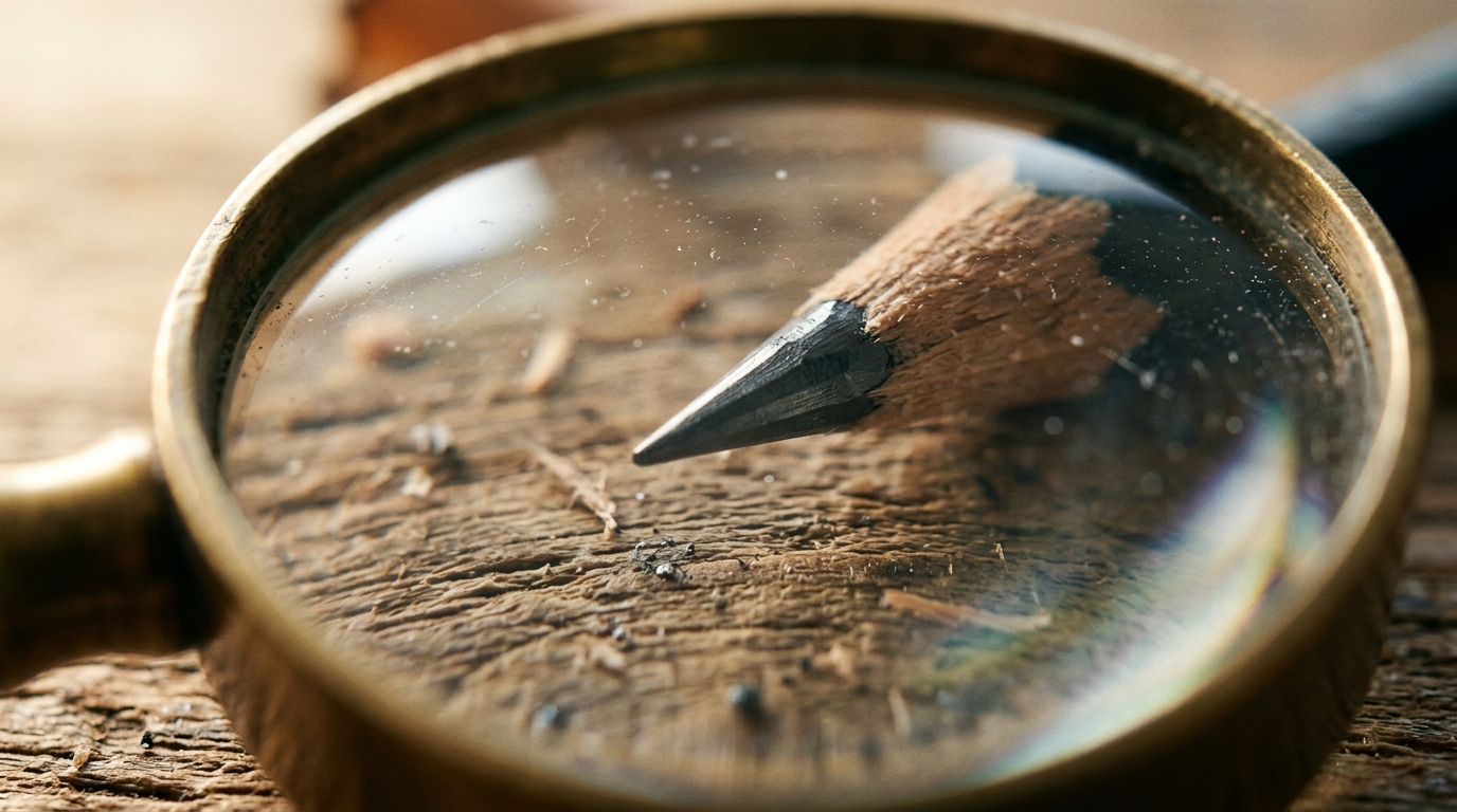 Tiny carved pencil tip seen through a magnifying glass