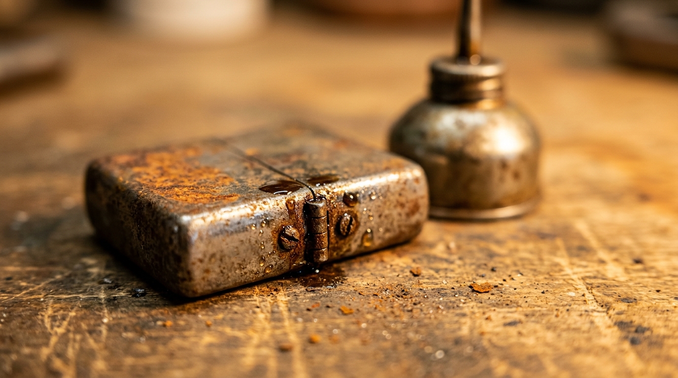 Penetrating oil soaking into a rusty hinge on an old metal lighter case