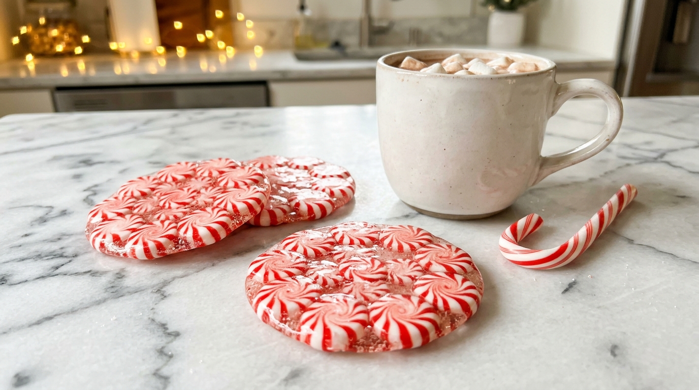 Melted peppermint swirl candy discs on a marble counter beside a mug and a candy cane