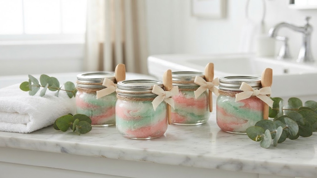 Four small jars of pink and peppermint swirl sugar scrub with ribbons and wooden spoons