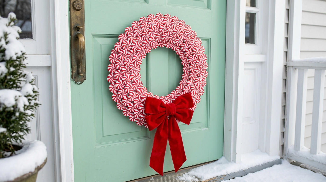 Handmade peppermint swirl wreath with a red velvet bow on a mint green door