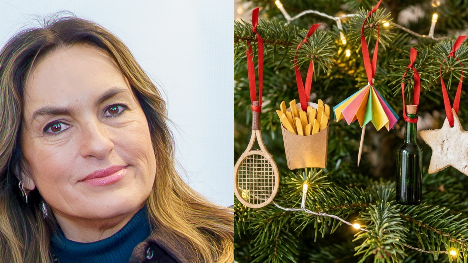 Personalized Christmas ornaments inspired by Mariska Hargitay, with her photo beside a tree of family ornaments