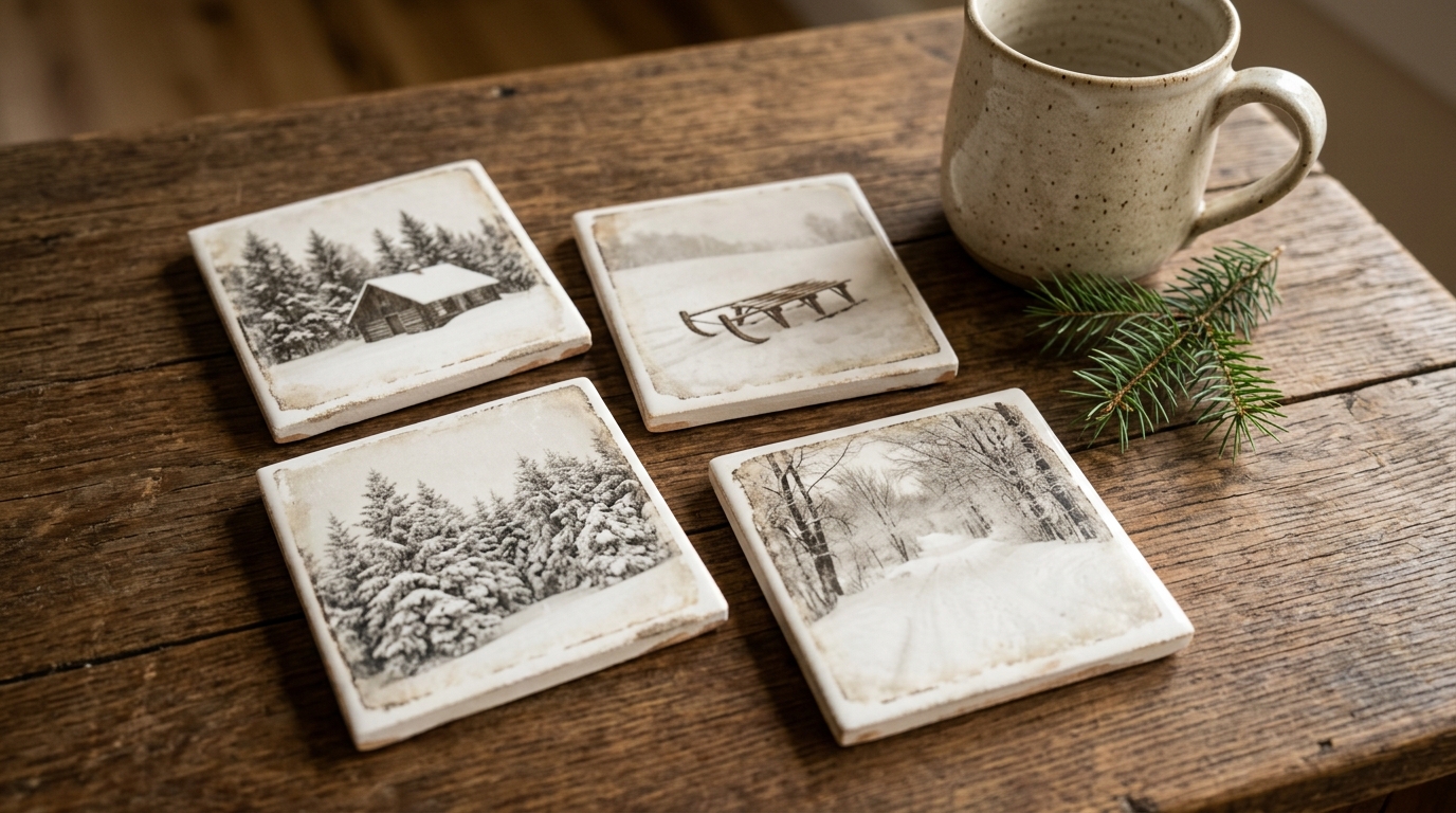 White tiles with vintage winter photo transfers of a cabin, sled and snowy forest