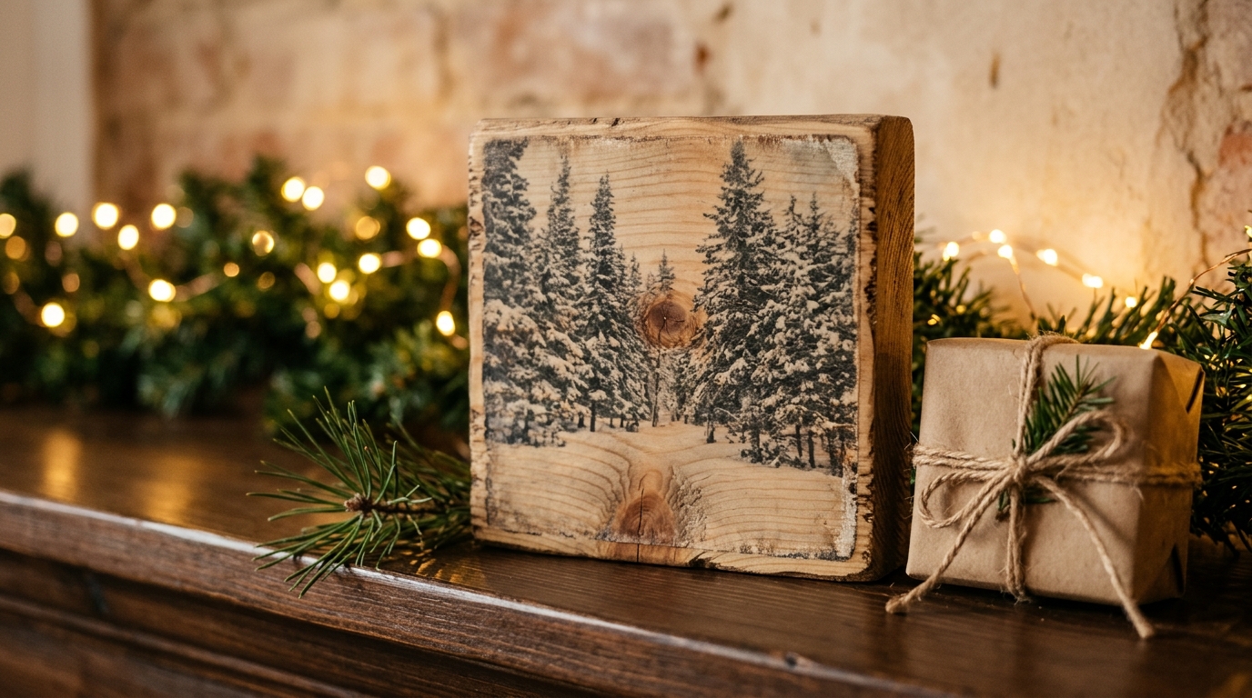 Photo transfer wood block with a snowy forest picture on a mantel