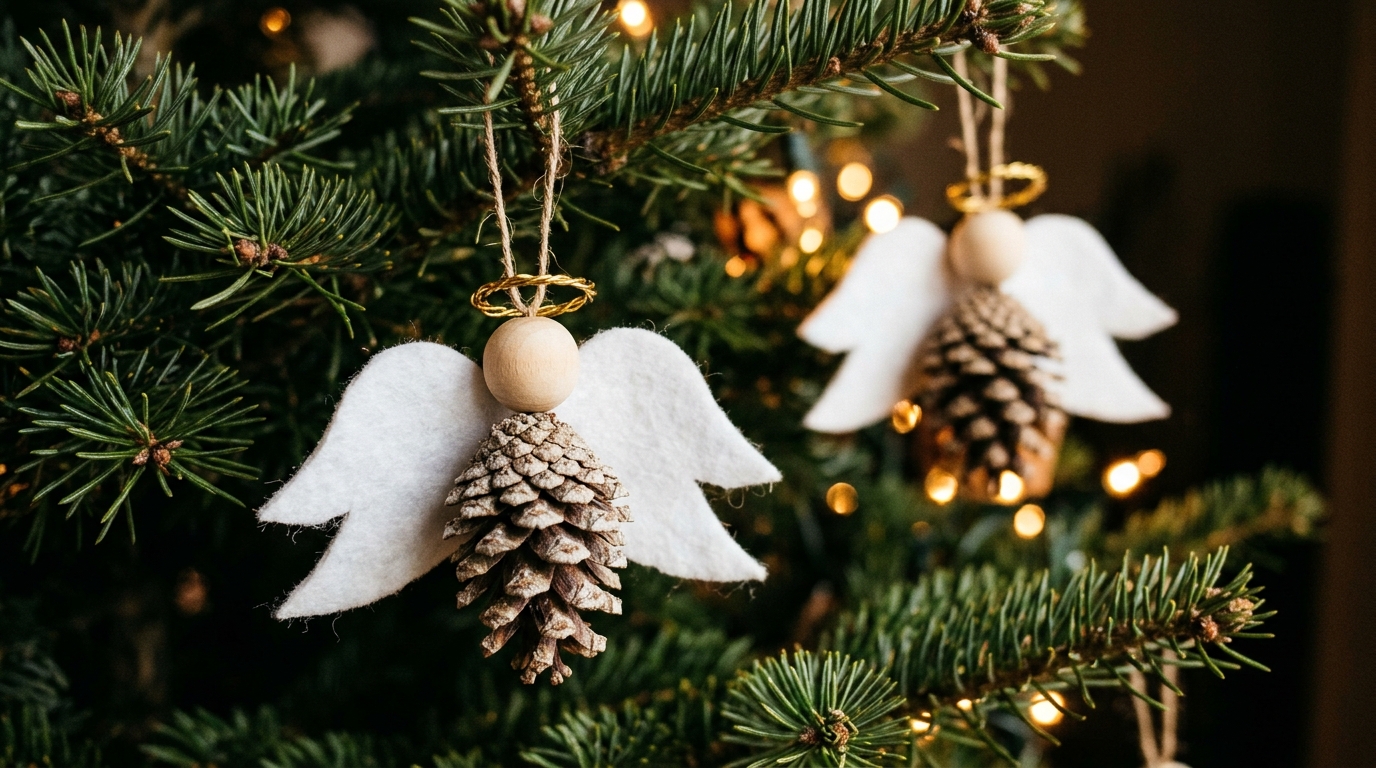 Little angel ornaments with wooden bead heads, gold halos and white felt wings