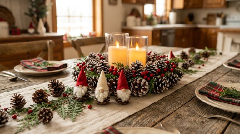 Pine cone Christmas crafts: a farmhouse table with snow-dusted pine cones, a pine cone centerpiece and felt-hat gnomes