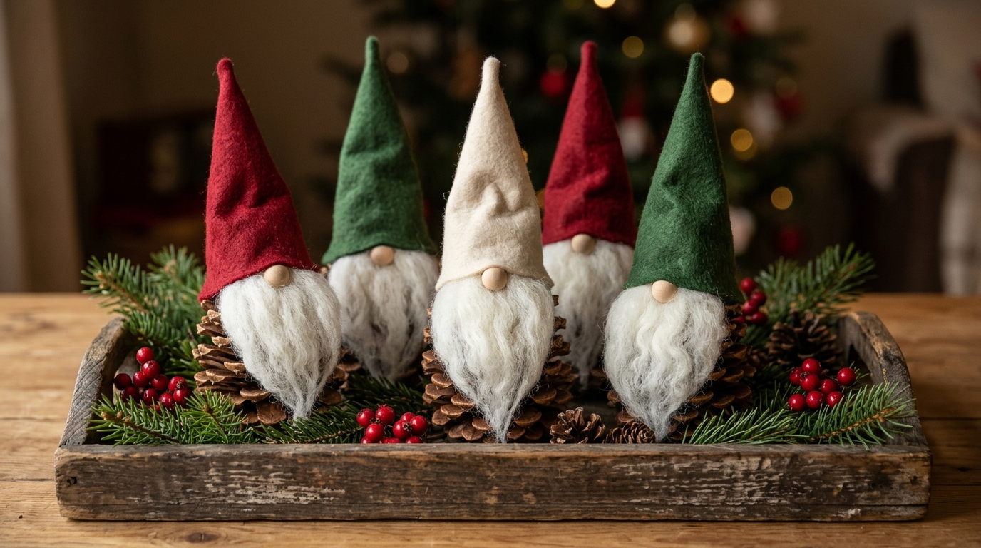 Pine cone Christmas crafts: five pine cone gnomes with felt hats and wool beards on a wooden tray